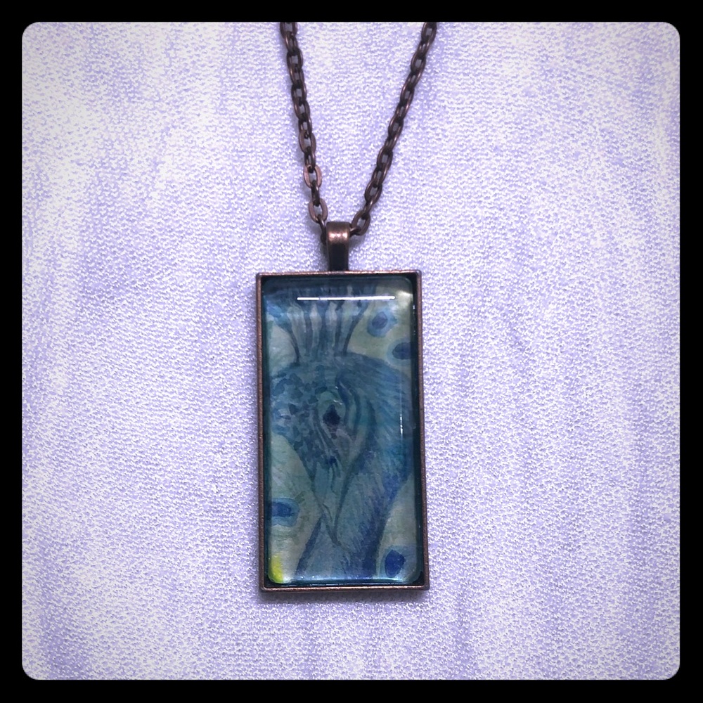 Peacock Illustration in Bronze Bezel & Chain